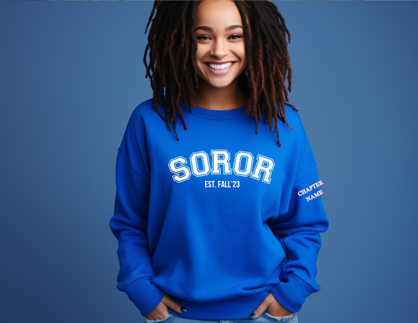 Greek - "Soror" Sweatshirt with Chapter on Sleeve