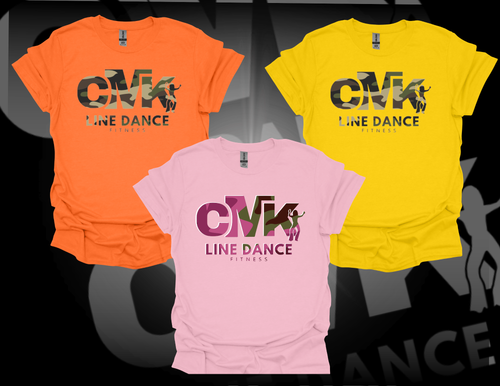 Three t-shirts in orange, pink, and yellow with 'CMK Line Dance Fitness' branding on a black background.