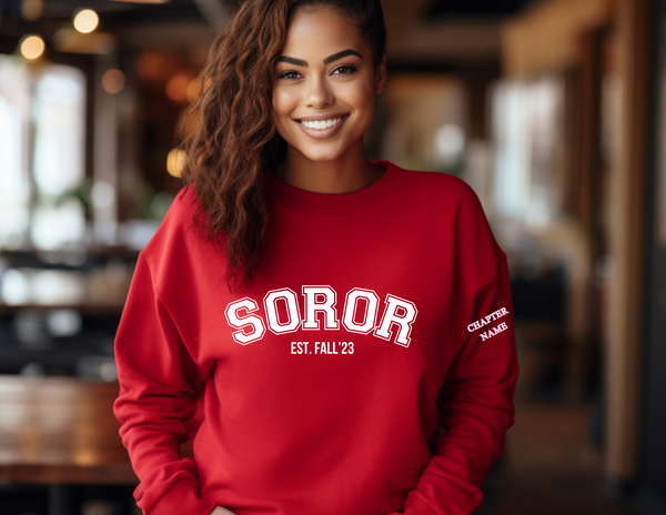 Greek - "Soror" Sweatshirt with Chapter on Sleeve